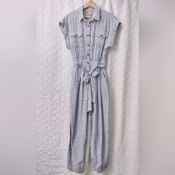 Flying Tomato Striped Jumpsuit with Belt, Button Down, Short Sleeve, S‎ - Picture 1 of 14